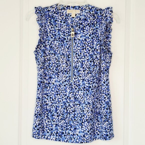 Michael Kors Blouse Blue Patterned Ruffle M - Picture 1 of 8
